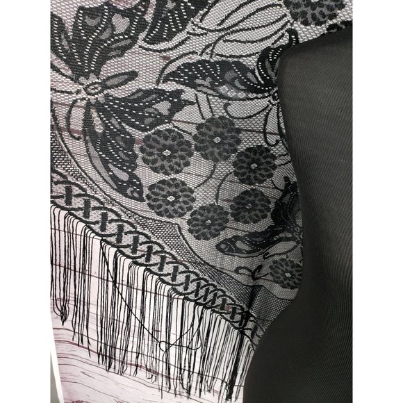 INC International Concepts Black Lace Fringe Floral Evening Shawl Wrap - Picture 2 of 8